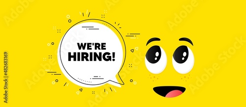 We are hiring text. Cartoon face chat bubble background. Recruitment agency sign. Hire employees symbol. Hiring chat message. Character smile face background. Vector