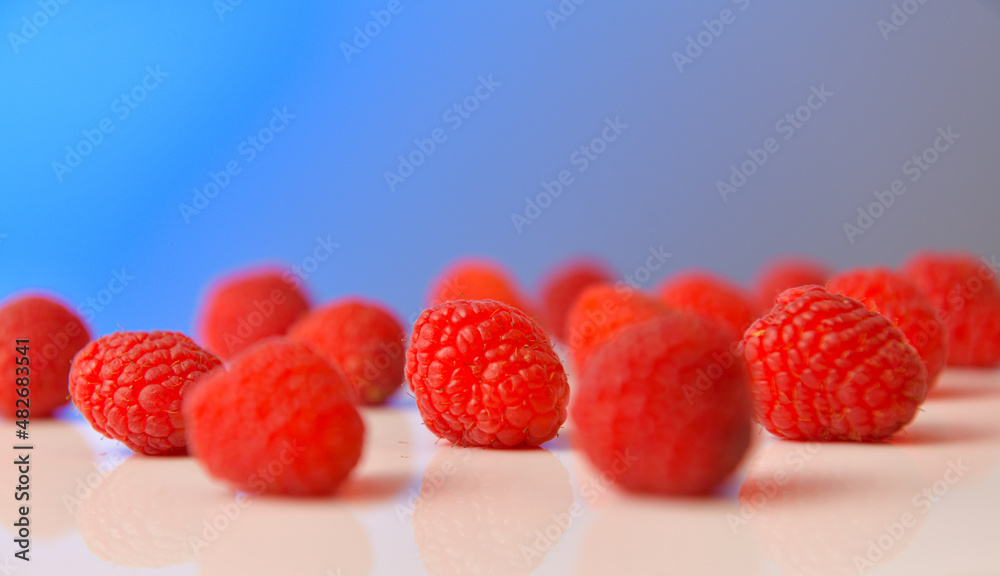 Raspberry fresh fruits photographed against blue background. Raspberries food photography. Details of this tasty forest fruits. Raspberry fresh fruits photographed against blue background. Raspberries food photography. Details of this tasty forest fruits.