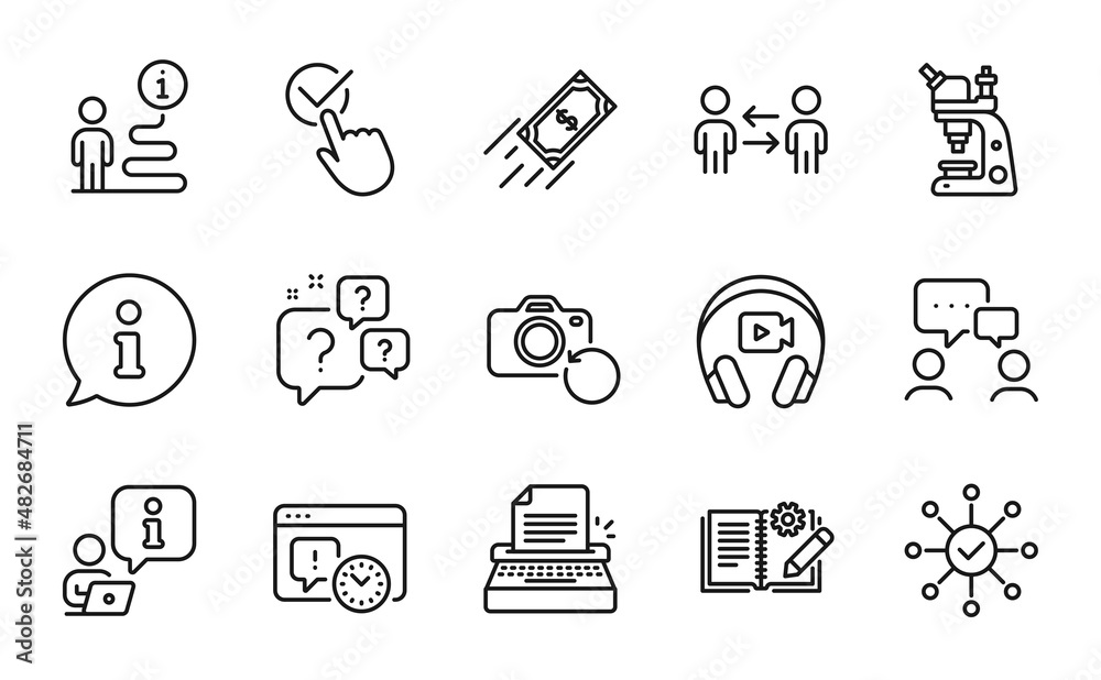 Education icons set. Included icon as Fast payment, People chatting, Recovery photo signs. Project deadline, Typewriter, Checkbox symbols. Survey check, Question bubbles, Teamwork business. Vector