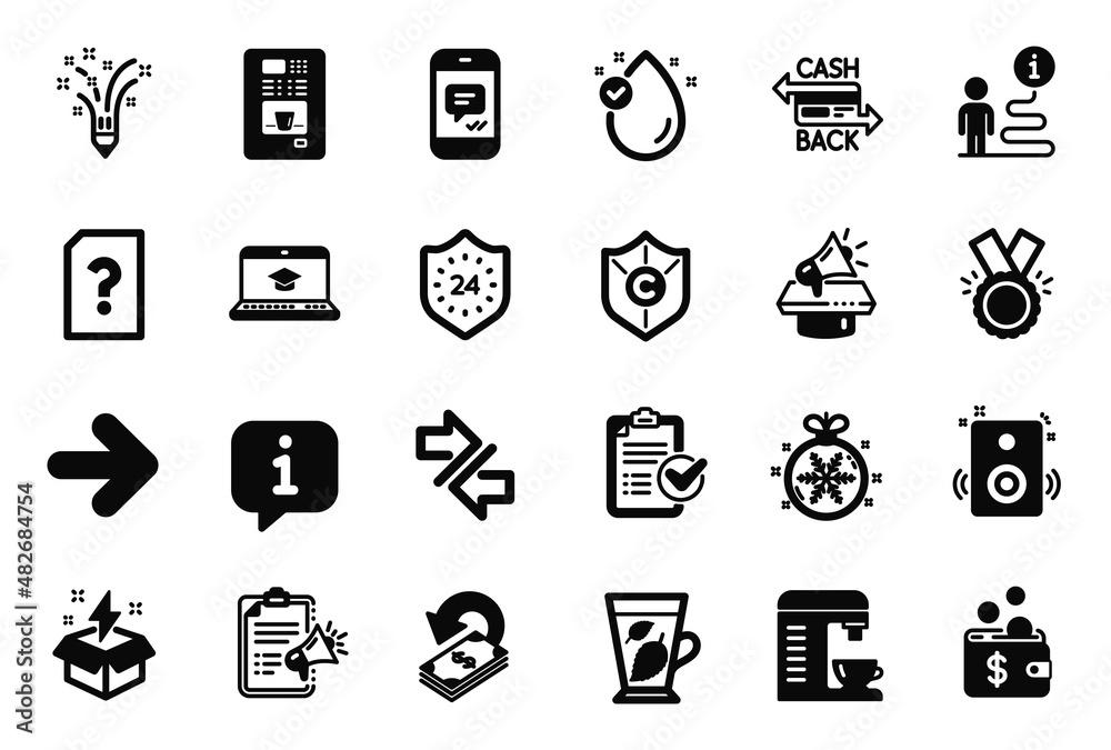 Vector Set of simple icons related to 24 hours, Mint leaves and Megaphone checklist icons. Message, Speakers and Honor signs. Unknown file, Cashback and Coffee machine. Creative idea, Next. Vector Vector Set of simple icons related to 24 hours, Mint leaves and Megaphone checklist icons. Message, Speakers and Honor signs. Unknown file, Cashback and Coffee machine. Creative idea, Next. Vector