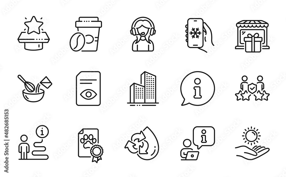 Business icons set. Included icon as Support, Recycle water, Skyscraper buildings signs. Cooking whisk, Gift shop, Dog certificate symbols. Takeaway coffee, View document, Sun protection. Vector