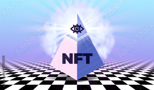 NFT sign with mystic pyramid and eye. Non-fungible token concept illustration.