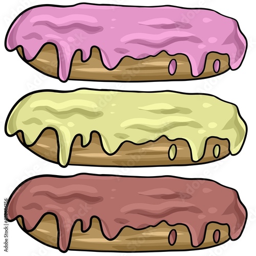 Beautiful large eclairs with different fillings and multicolored fruit glaze, vector illustration , design element