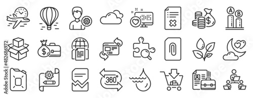Set of Business icons, such as Search puzzle, Air balloon, Support icons. Cogwheel blueprint, Attachment, Cloudy weather signs. Reject file, Heart, Shopping. Love night, Packing boxes. Vector