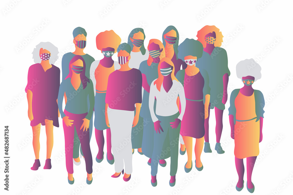 Fototapeta premium Women group wearing medical masks abstract illustration. Abstract vector illustration of women crowd. Stylish medical mask, women crowd, Freedom, Independence, Equality. 