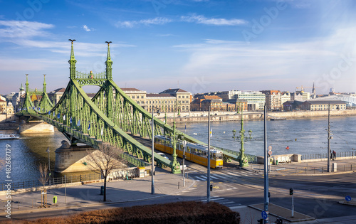 The Freedom Bridge in Budapest, Hungary, during a sunny day without people