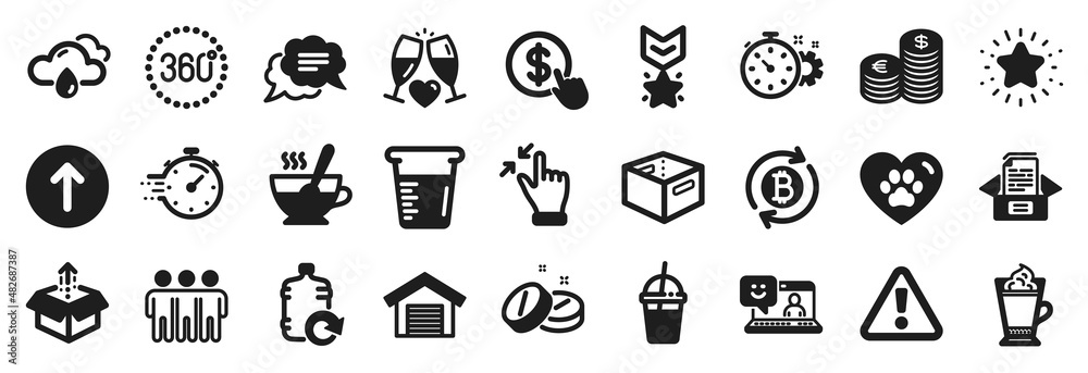 Set of Business icons, such as Medical tablet, 360 degrees, Wedding glasses icons. Swipe up, Send box, Twinkle star signs. Cogwheel timer, Warning, Pets care. Latte coffee, Currency, Timer. Vector