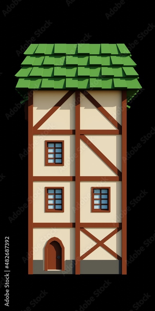 Medieval house or medieval building 3d rendering. Fantasy building illustration. Front architecture.