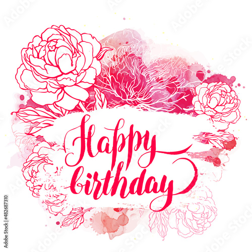 Beautiful peony bouquet design on beige background. Hand drawn vector illustr...