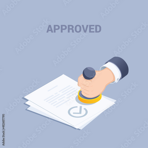 isometric vector illustration on a gray background, a man's hand holds a stamp over a document, a check mark and the word approved photo