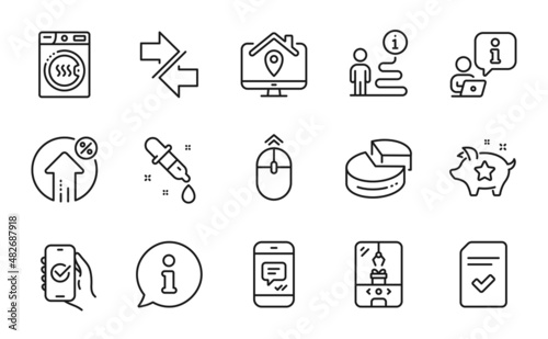 Technology icons set. Included icon as Loyalty points, Synchronize, Checked file signs. Dryer machine, Chemistry pipette, Swipe up symbols. Loan percent, Work home, Approved app. Pie chart. Vector