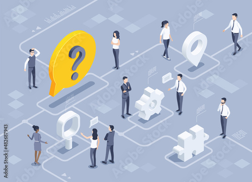 isometric vector illustration on gray background, men and women in business clothes are standing near a text bubble with a question mark, solving a common problem