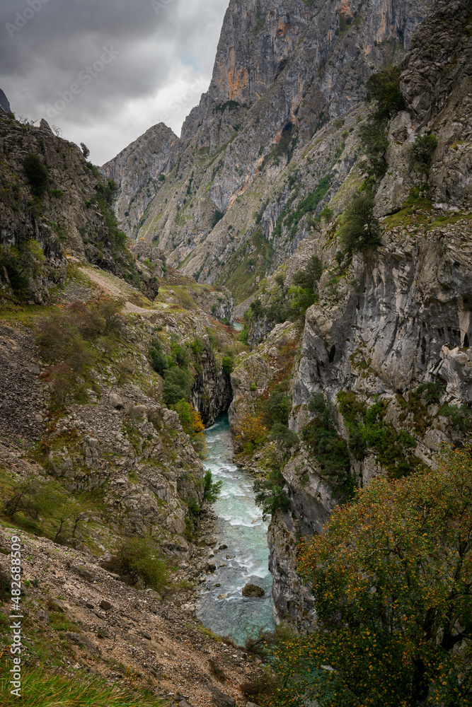 Ruta del Cares trail nature landscape in Picos de Europa national park, Spain Ruta del Cares trail nature landscape in Picos de Europa national park, Spain