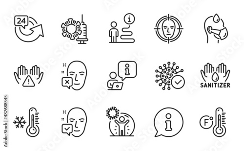 Medical icons set. Included icon as Face detect, Coronavirus vaccine, Sick man signs. 24 hours, Face accepted, Low thermometer symbols. Coronavirus, Fahrenheit thermometer, Hand sanitizer. Vector