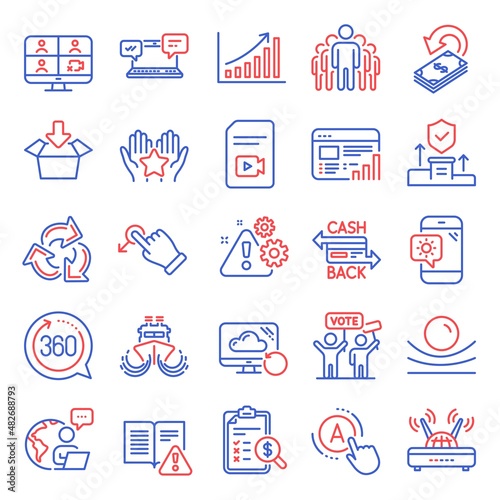 Technology icons set. Included icon as Security agency, Recovery cloud, Warning signs. Accounting report, 360 degrees, Cashback card symbols. Elastic material, Video file, Wifi. Group. Vector