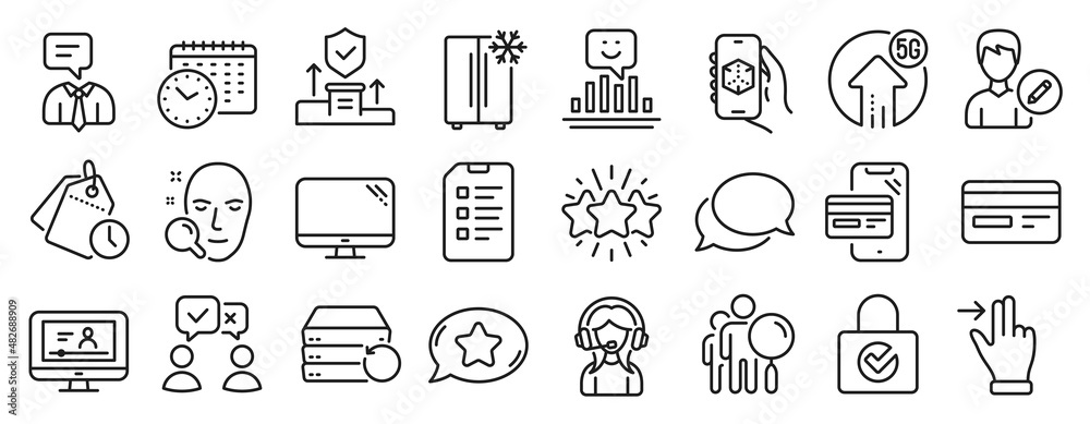 Set of Technology icons, such as Credit card, Messenger, Computer icons. Smile, Refrigerator, Security agency signs. 5g upload, Recovery server, Support service. Face search, Checklist. Vector