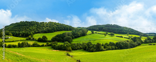 Broad panorama of the countryside in North Wales with green field in foreground