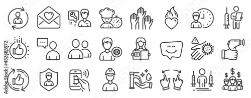 Set of People icons, such as Users, Love letter, Person info icons. Voting hands, Bitcoin pay, Smile chat signs. Repairman, Working hours, Foreman. Move gesture, Wash hand, Users chat. Vector