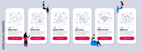 Vector Set of line icons related to Analytics graph, Sunny weather and Loan percent icons. UI phone app screens with teamwork. 5g wifi, Insurance hand and Water bottles line symbols. Vector