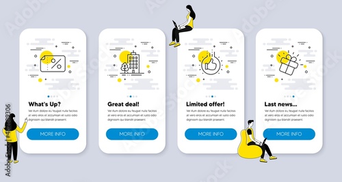 Set of Business icons, such as Discount banner, Like hand, Skyscraper buildings icons. UI phone app screens with people. Gift line symbols. Sale coupon, Thumbs up, Town architecture. Vector