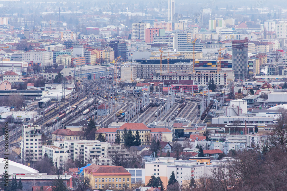 Aerial view of the city of Graz in Austria with its main railway station