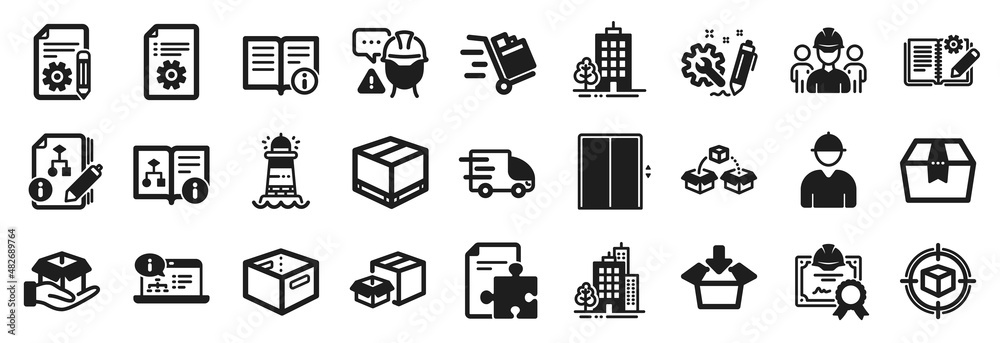 Set of Industrial icons, such as Buildings, Office box, Certificate icons. Truck delivery, Strategy, Lighthouse signs. Documentation, Push cart, Engineering team. Engineering documentation. Vector