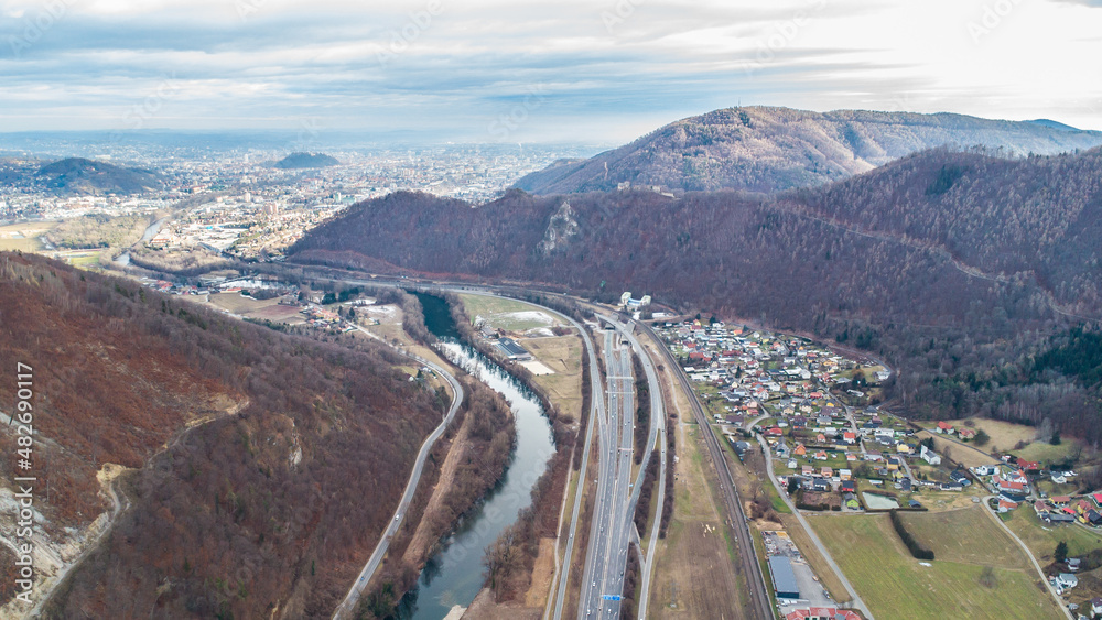 Aerial view of the highway A9 Phyrn north of Graz with Raach and the beginning of the so called Plabutschtunnel