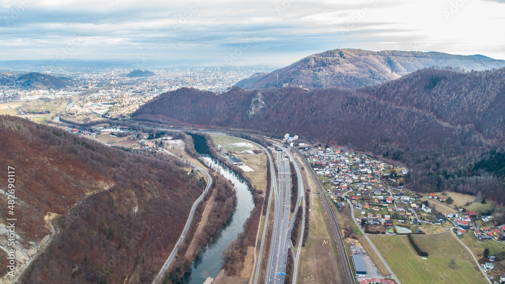 Fototapeta premium Aerial view of the highway A9 Phyrn north of Graz with Raach and the beginning of the so called Plabutschtunnel