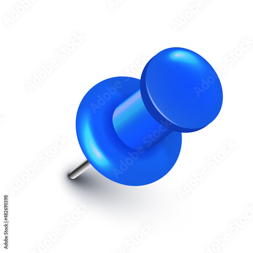 Realistic blue push pin. Board tack isolated on white background. Plastic pushpin with needle. Vector illustration.