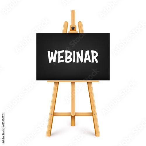 Realistic paint desk with text on black canvas. Wooden easel and a sheet of drawing paper. Presentation board on a tripod. Distance education, online courses and e-learning. Vector illustration