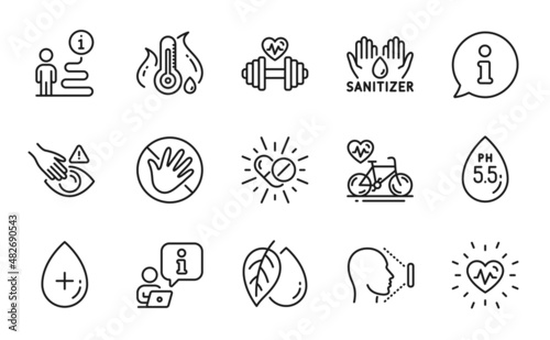 Healthcare icons set. Included icon as Heartbeat, Do not touch, Dumbbell signs. Mineral oil, Medical drugs, Face id symbols. Oil serum, Fever temperature, Cardio bike. Dont touch. Vector