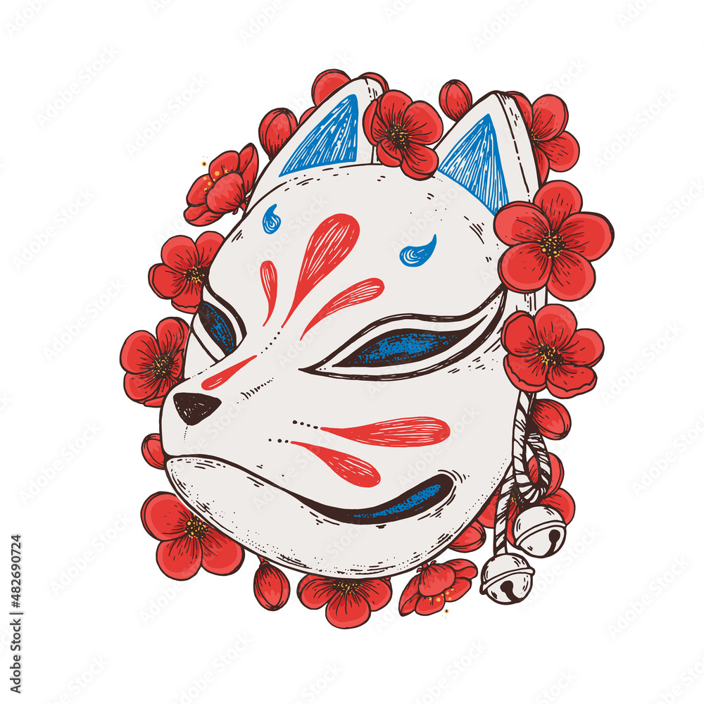 Kitsune mask with camelia flower hand drawn vector illustration ...