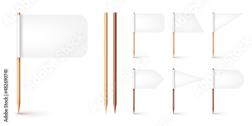 Realistic various toothpick flags. Wooden toothpicks with white paper flag. Location mark, map pointer. Blank mockup for advertising and promotions. Vector illustration photo