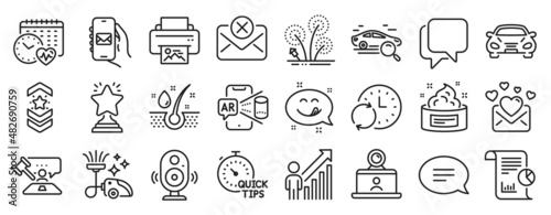Set of Business icons, such as Mail app, Speaker, Quick tips icons. Print image, Yummy smile, Vacuum cleaner signs. Employee result, Reject mail, Shoulder strap. Skin cream, Talk bubble. Vector