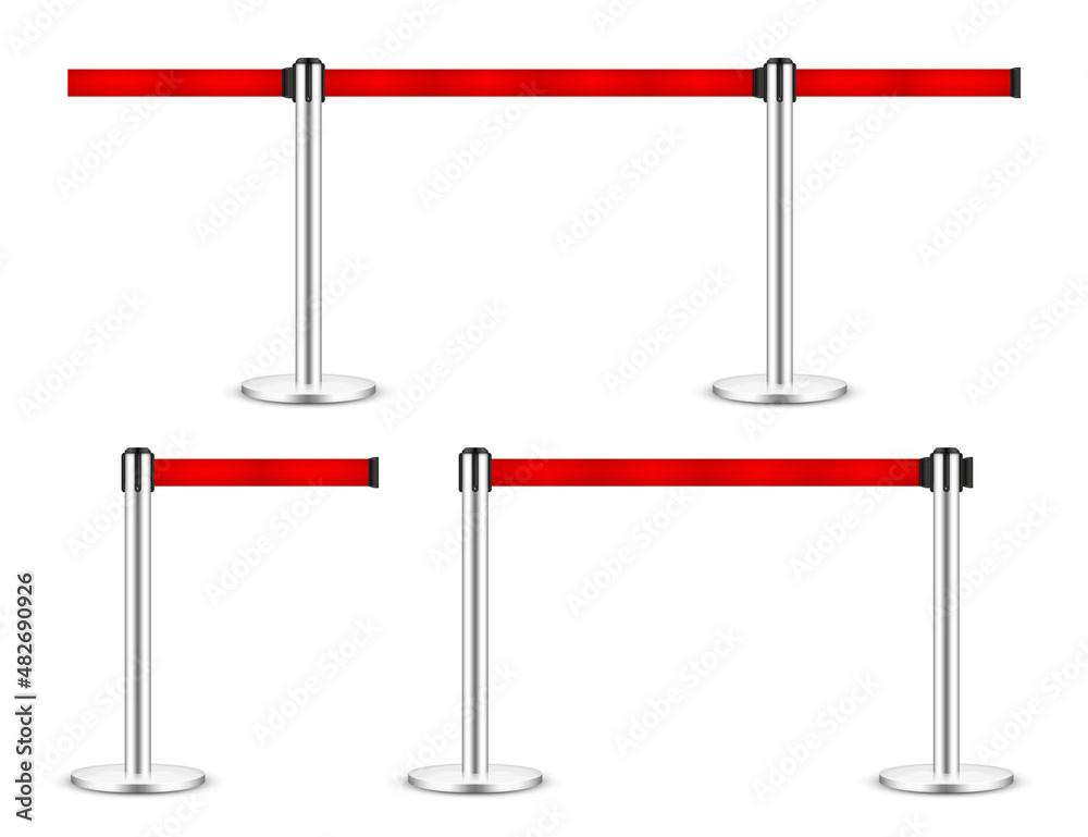 Obraz premium Realistic vector retractable belt stanchion. Crowd control barrier posts with caution strap. Queue lines. Restriction border and danger tape.