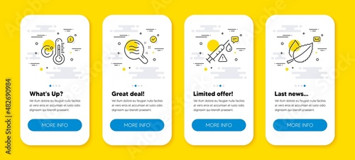Vector set of Celsius thermometer, Skin condition and Vaccine attention line icons set. UI phone app screens with line icons. Mint leaves icon. Vector