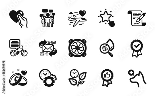 Vector set of Hold heart, Voting campaign and Food delivery icons simple set. Positive feedback, Marriage rings and Water analysis icons. Computer fan, Tested stamp and Time management signs. Vector