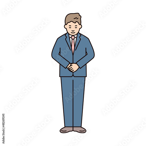 人物_男性_スーツ_全身_お辞儀_手を前に組む