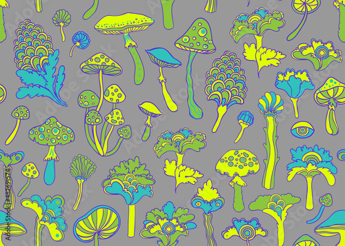 Colorful flowersl and mushrooms seamless pattern, retro 60s, 70s hippie style background. Vintage psychedelic textile, fabric, wrapping, wallpaper. Vector repeating magic floral illustration.