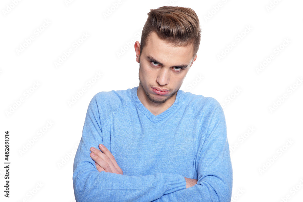 Portrait of handsome tired man posing on white background Portrait of handsome tired man posing on white background