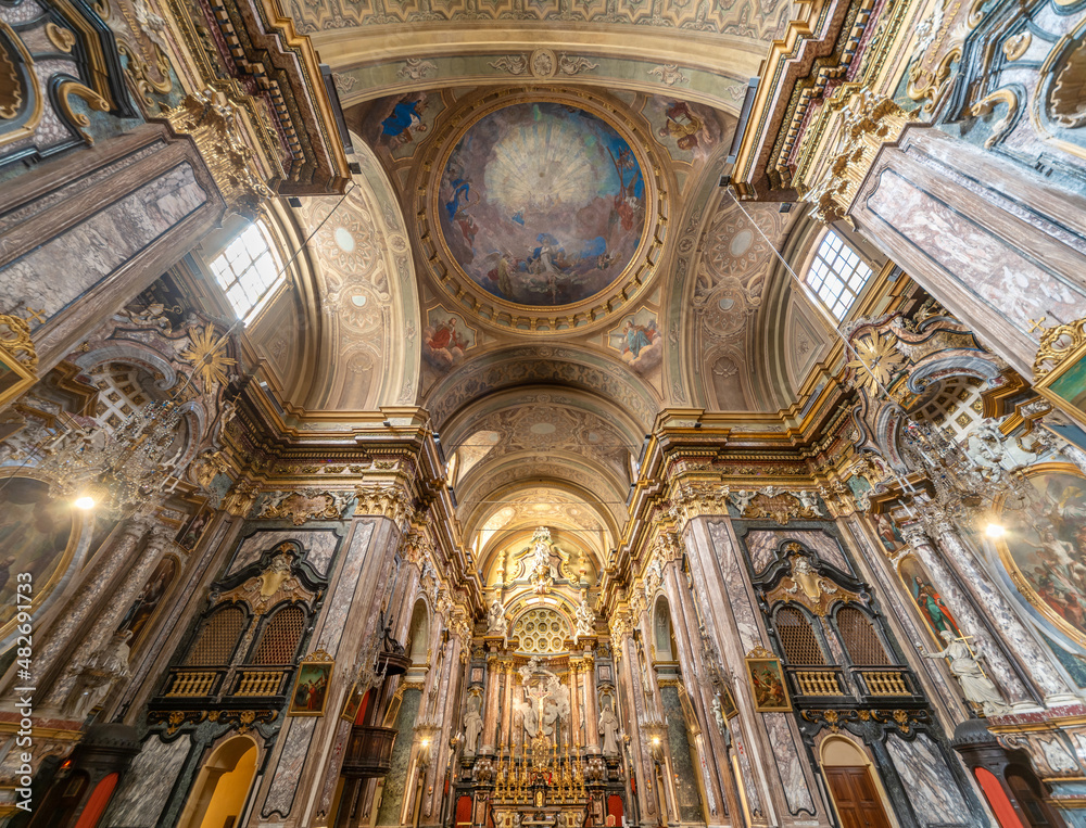 Bra, Cuneo, Piedmont, Italy - October 28, 2021: interior of the parish church of Sant Andrea Apostolo in Baroque style (17th century)