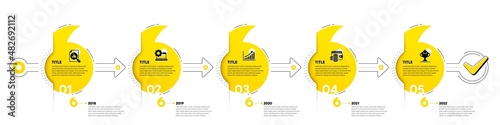 Quotes bookmarks journey infographics. Business Infographic timeline with 5 steps. Workflow process diagram with Research, Data Analysis, Money earn and Winner cup icons. Vector
