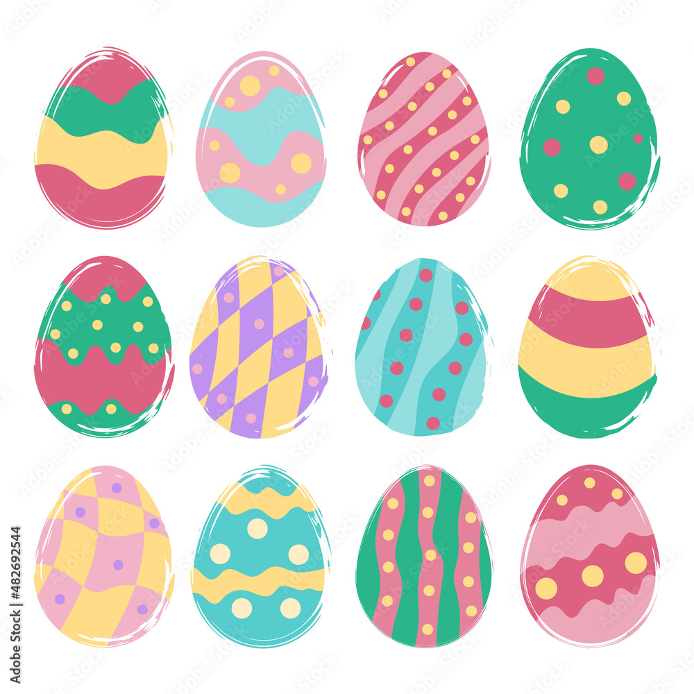 Happy Easter. Set of eggs with different texture on a white background. Brush stroke. Spring holiday