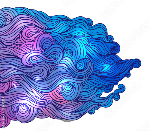 Vector color abstract hand-drawn hair pattern with waves and clouds. Asian st...