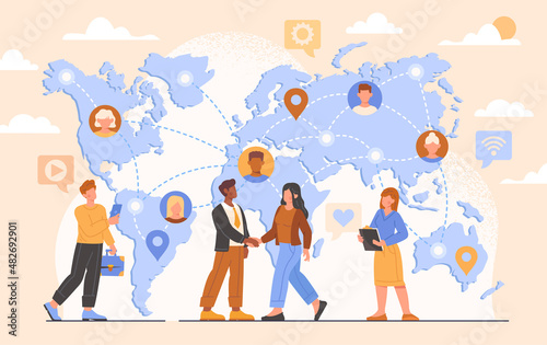 Networking as information exchange for common business. Entrepreneurs shake hands against background of world map as sign of global partnership. Remote teamwork. Cartoon flat vector illustration