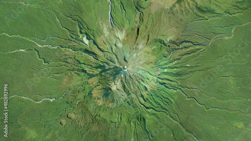 Mount Taranaki, extinct volcano egmont mountain, looking down aerial view from above, bird’s eye view dormant stratovolcano Taranaki Maunga, New Zealand photo