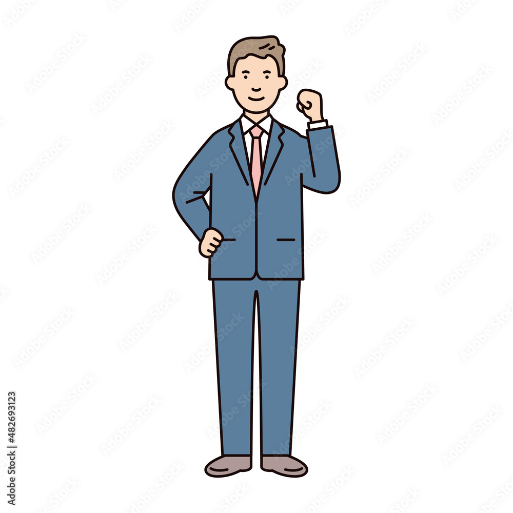 人物_男性_スーツ_全身_腰に手をあて拳を上げる_左手