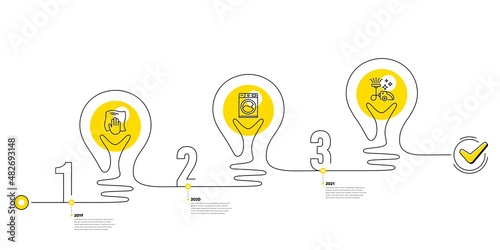 Cleaning Infographic timeline with 3 steps. Lightbulb journey path infographics. Workflow process diagram with Wipe cloth, Washing machine, Vacuum cleaner line icons. Vector