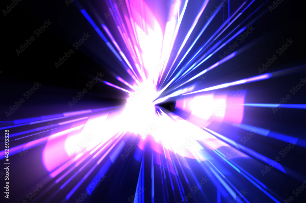 Obraz premium Futuristic lens flare. Light explosion star with glowing particles and lines. Beautiful abstract rays background.