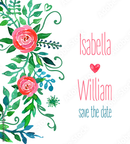 Boho style wedding invitation template. Watercolor illustration.